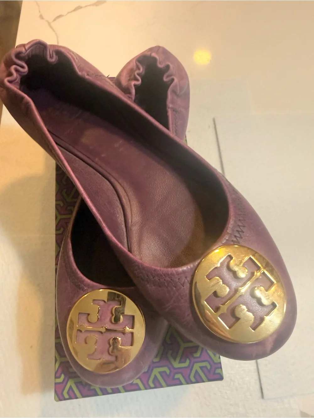 Tory Burch Plum Leather Logo Ballet Flats with Gold Medallions